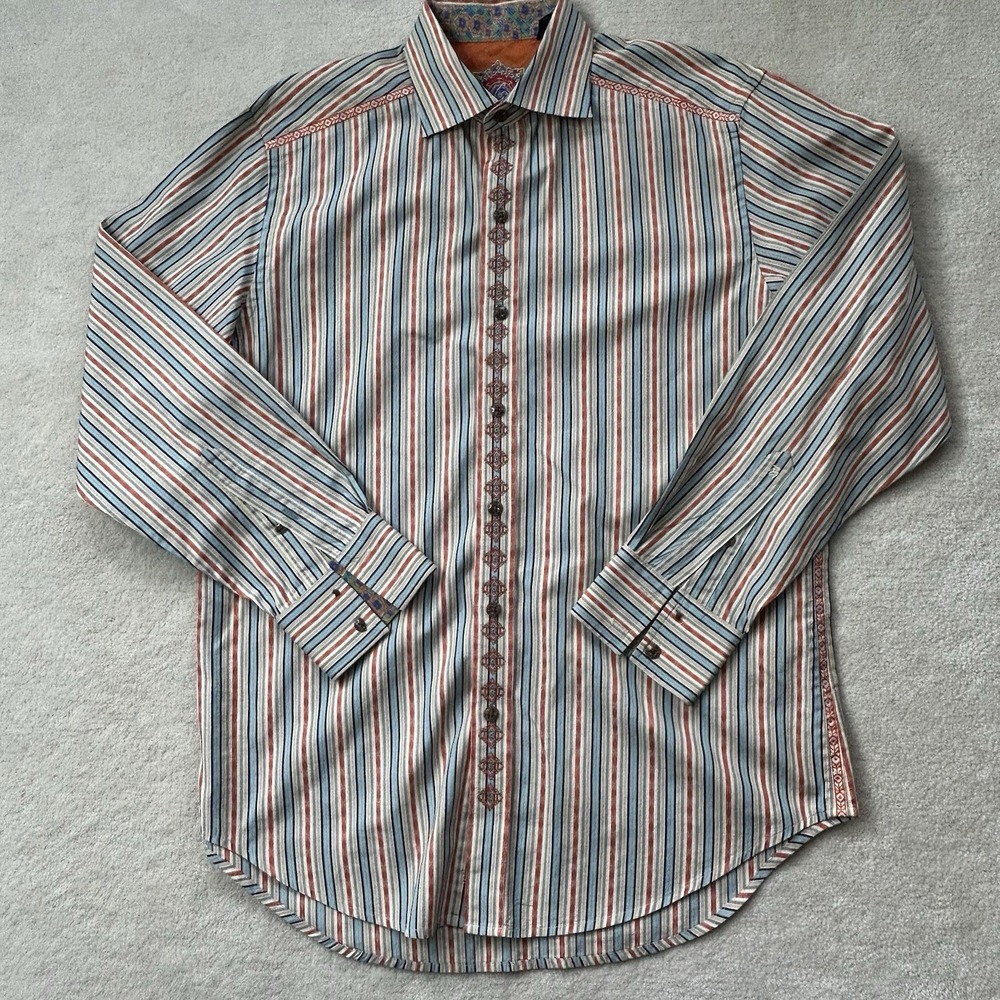Robert Graham Flip Cuff Button Up Shirt Men's M Striped Embroidered Woven